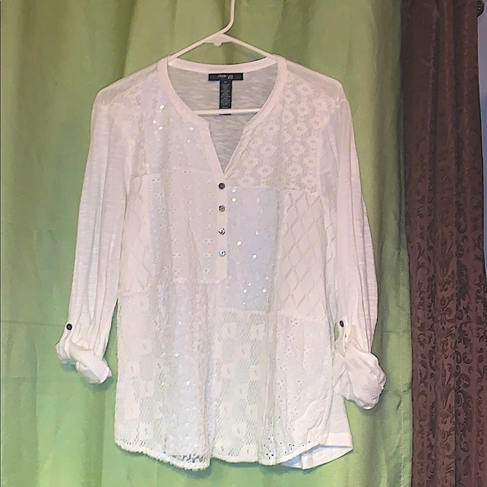 Style & Co. White Lace Eyelet Henley Blouse